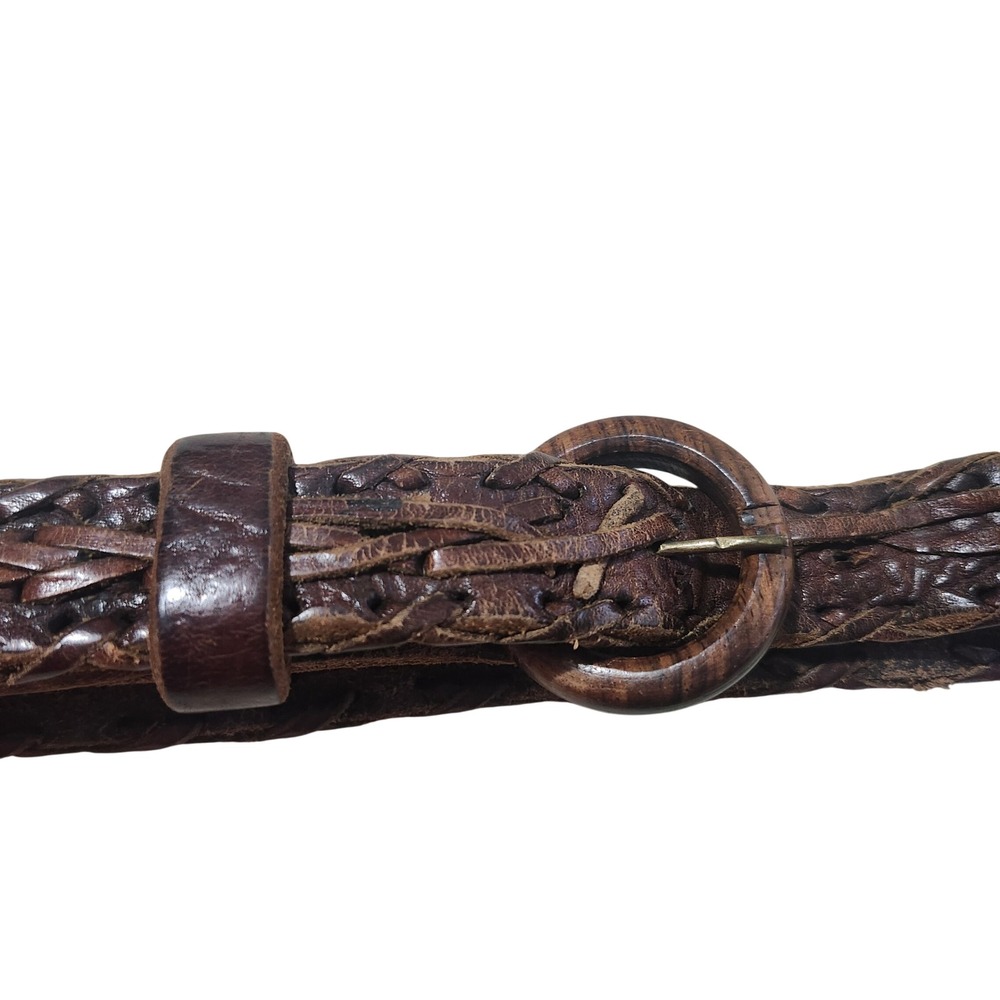 Braided Leather Belt Womens Medium Brown Wood Buckle Boho Western Rustic Artisan